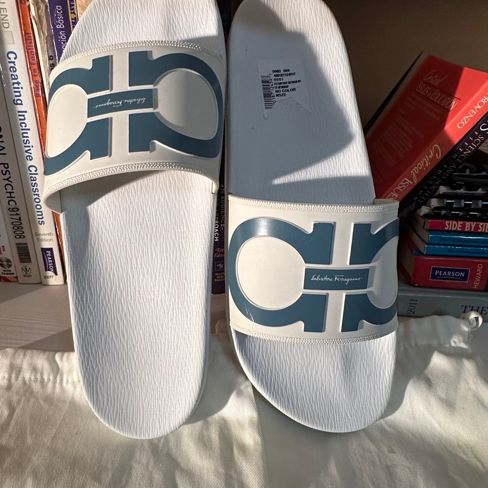 Salvatore Ferragamo White Slides with Blue Gancini Strap